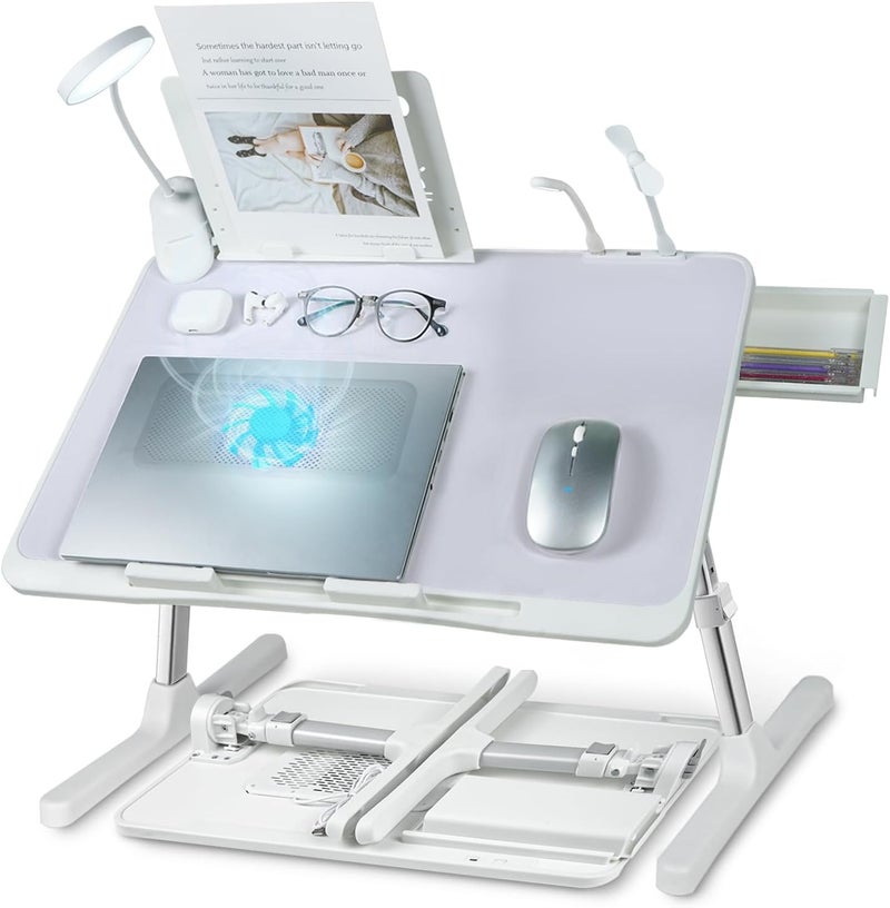 XTRA Laptop Lap Desk with Cooling Fan - Adjustable with Light, USB, Storage Drawer - Folding Bed Desk,23.62"*15.74",Grey - Image 1